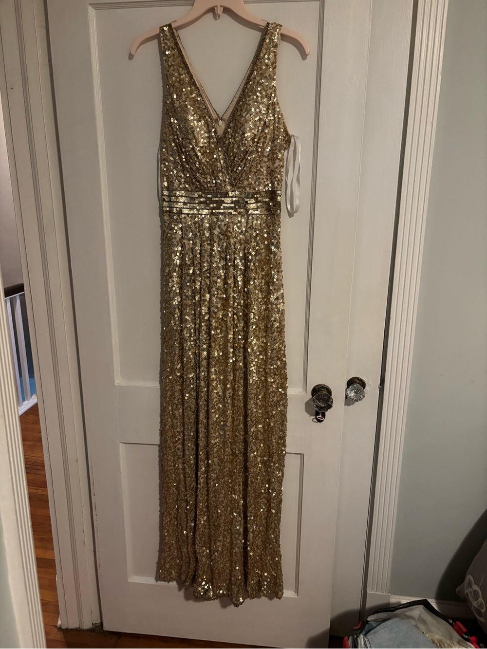 Primavera Gold Sequin V-Neck Evening Gown